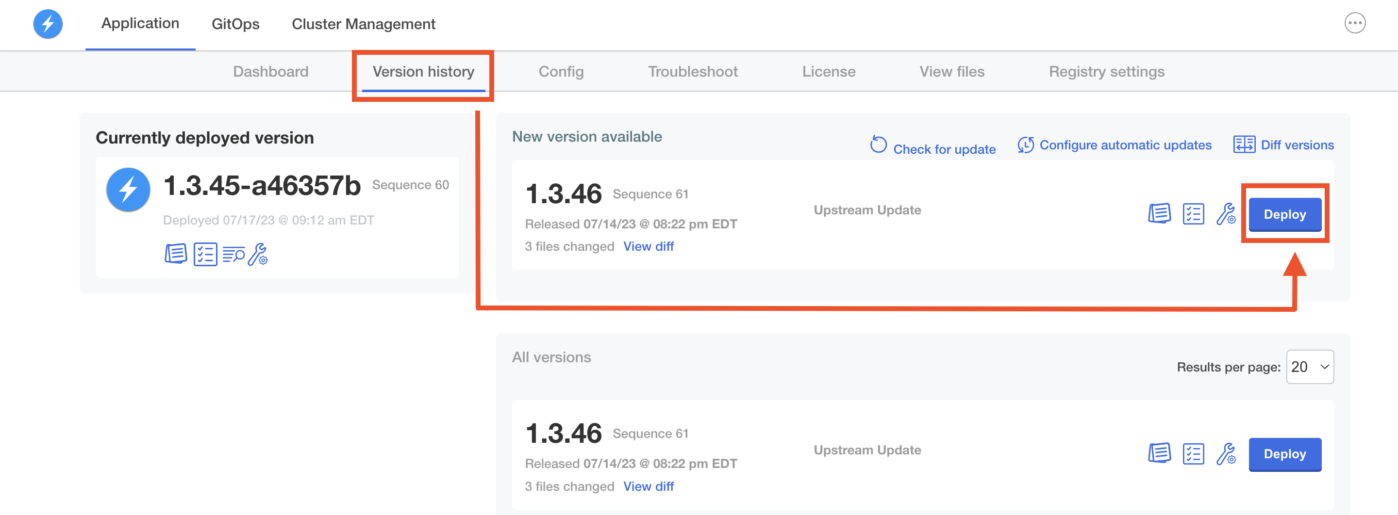 Screenshot of the Version history tab in the kots dashboard with an arrow that points from the Version History tab to the Deploy button.